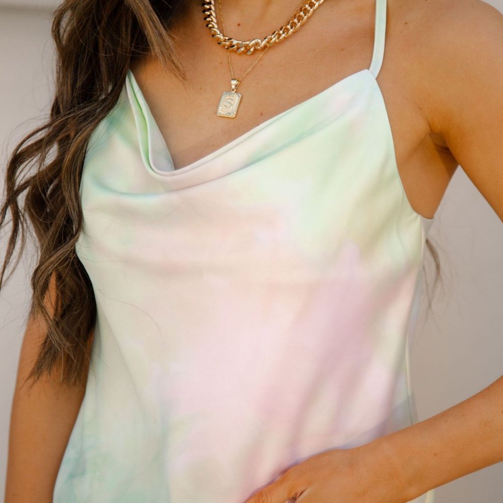HAPPY INSIDE SATIN TIE DYE COWL NECK TAN - Picture 9 of 11